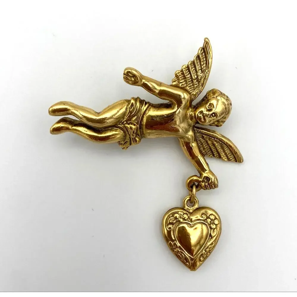 1928 Brand Angel Wings Cherub Brooch Pin Heart Dangle Victorian Style Gold Tone - Picture 8 of 11